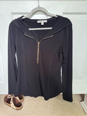 Karen Kane Black Half-Zip Hooded Top with Gold Hardware
